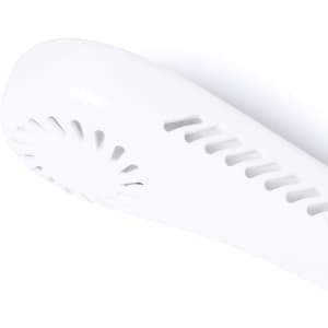 A white handheld fan with a sleek design and ventilation holes, featuring a logo.