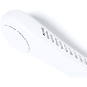 A white handheld fan with vents and a circular button, featuring a logo on the side.