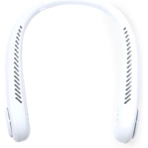 A white neckband-style headset with ventilation holes and buttons on the sides. It features a minimalist design.