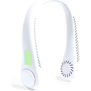 A white neck fan with adjustable airflow and a logo. It features a sleek design suitable for personal cooling.