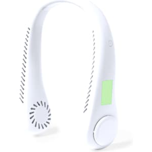 A white neck fan with a curved design, featuring air vents and a control button. It has a green accent area.