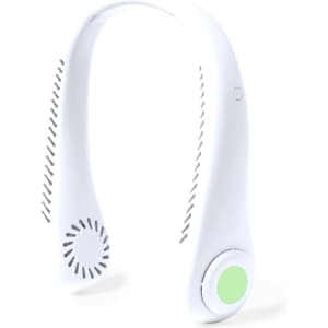 A white neckband fan with a circular green button, featuring ventilation openings for airflow.