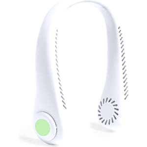 A white neckband fan with a green button and ventilation openings for airflow. Features a sleek, modern design.