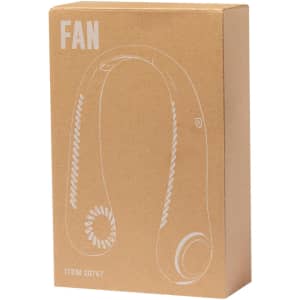 A brown cardboard box containing a neck fan. The fan has a simple design and includes a logo.