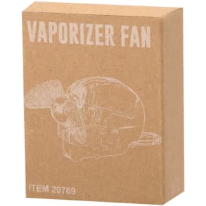A brown cardboard box featuring the outline of a vaporiser fan, with a visible branding logo on the front.