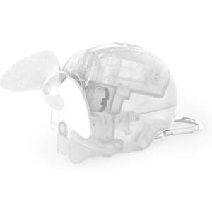 A clear, skull-shaped vaporizer fan with a small propeller and a metal carabiner attachment.