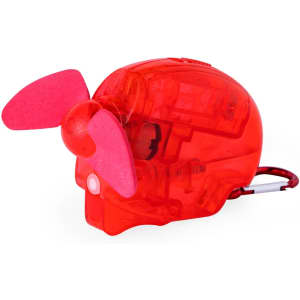 A red skull-shaped fan with pink propellers, attached to a carabiner. The fan has a transparent body.