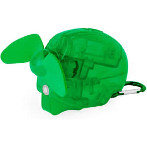 A green vapouriser fan in the shape of a small animal, featuring a propeller and keyring attachment.