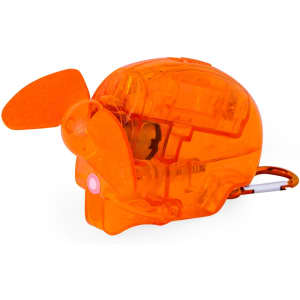 An orange Bluco Vaporizer Fan featuring a propeller design, attached to a carabiner for convenience.