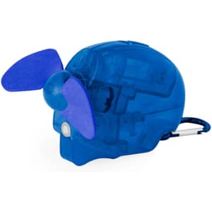 A blue carabiner featuring a skull design and small propeller on top, ideal for keyrings and tools.