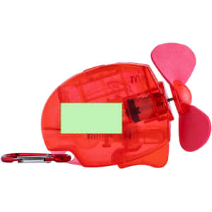 A red plastic vaporizer fan with a carabiner attachment and a small propeller.