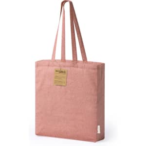 A pink tote bag with long handles and a tag. It has a simple, textured fabric design.