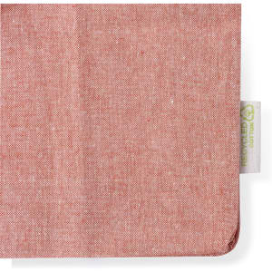 A pink tote bag made from recycled material, featuring a label for eco-friendliness.
