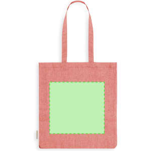 A red tote bag with a large green blank space in the centre for customisation. It has two shoulder straps and a logo.