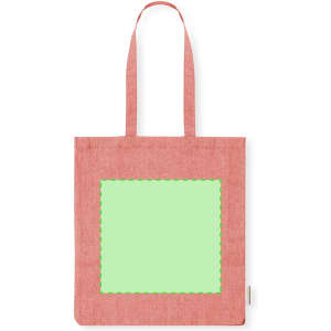 A pink tote bag with long handles featuring a blank green square area for personalisation. It has a branding logo.
