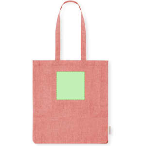 A pink tote bag with a square green patch and two shoulder straps. The bag has a simple design and a logo.