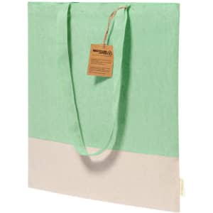 A green and cream tote bag with handles, featuring a branding tag attached.