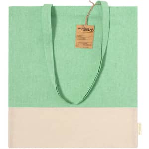 A green and cream tote bag with shoulder straps and a tag, made from recycled materials.