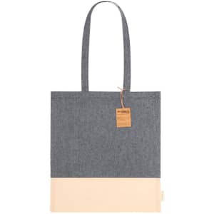 A grey and cream tote bag with long handles, featuring a tag and a subtle logo.