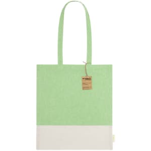 A green and cream tote bag with long handles and a branding tag.