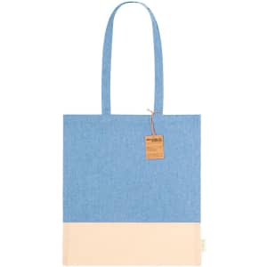 A blue and cream tote bag with long handles and a tag, featuring a simple, modern design.