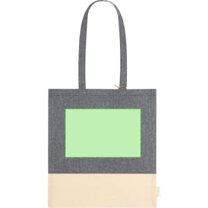 A grey and cream tote bag featuring a rectangular space, with a logo on one side.