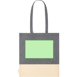 A grey and cream tote bag with a blank green panel, featuring long handles and a simple design. It has a logo.