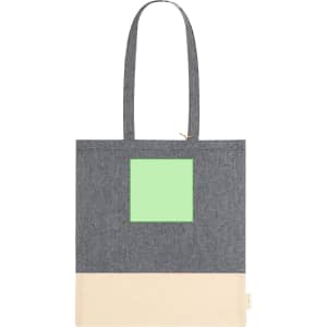 A grey tote bag with a light green square design and a cream-coloured bottom section. It features long handles and a logo.