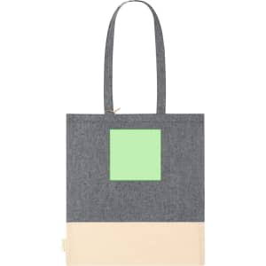 A tote bag with a grey fabric body, a green square design on the front, and a beige bottom section.