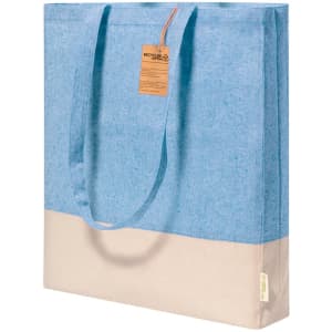 A blue and cream tote bag with long handles and a tag, featuring a branded logo.