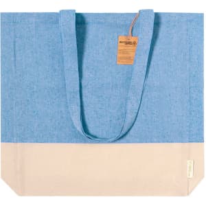 A blue and cream tote bag with two handles, featuring a tag and a simple, modern design.
