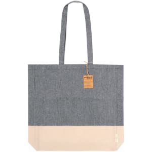 A grey and cream tote bag with long handles and a tag, featuring a simple design.
