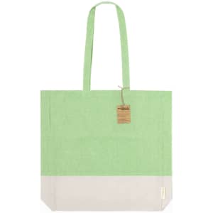 A tote bag featuring a green upper section and a cream lower section, with long handles and a tag attached.