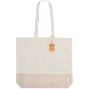 A tote bag in a light beige with a darker beige bottom, featuring long handles and a tag.
