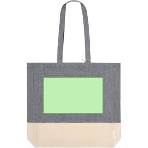 A grey and cream tote bag featuring a large green section, with two sturdy handles and a logo.