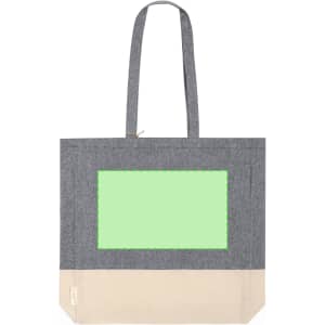 A grey and light beige tote bag with long handles and a blank green area for customisation. Features a logo.