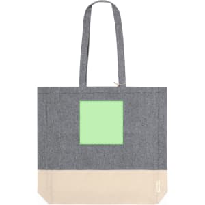 A tote bag in grey and beige with a green square and branded logo. Features long handles for easy carrying.
