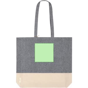A grey and cream tote bag with a square green design and two long handles. It features a logo on the side.