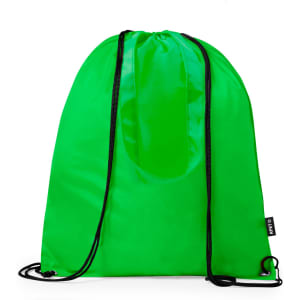 A bright green drawstring bag with black cords and a curved cutout in the centre. It features a logo on the side.