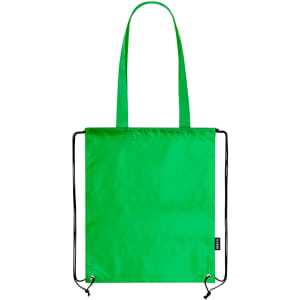 A bright green drawstring bag with adjustable straps and a branded logo.