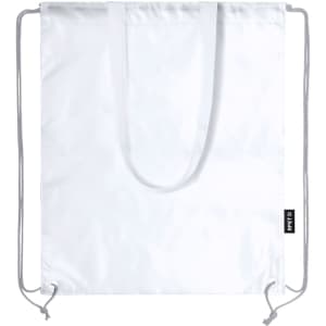 A white drawstring bag with grey straps and a branding label at the bottom.