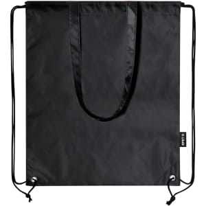 A black drawstring bag with shoulder straps and a logo, featuring a simple, minimalist design.