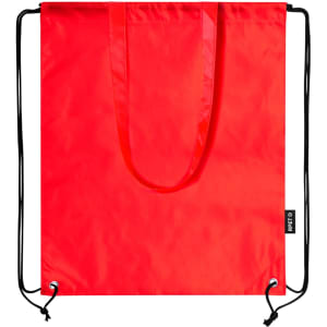 A red drawstring bag with black cords and a logo. The bag features a simple, minimalistic design.