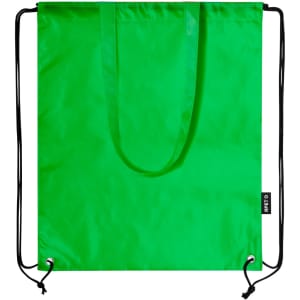 A vibrant green drawstring bag with a sleek design and black drawstring cords. It features a logo.