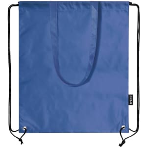 A blue drawstring bag with black straps and a logo at the bottom.