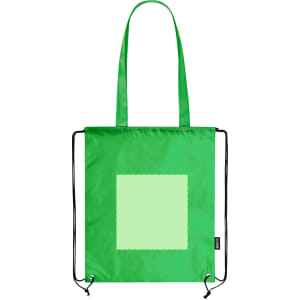 A bright green drawstring bag with shoulder straps and a blank section for customization. It features a logo.