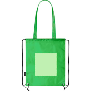 A green drawstring bag with long straps and a square area, featuring a logo or branding.