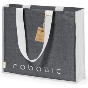 A large grey tote bag with white handles and a logo, featuring a tag attached.