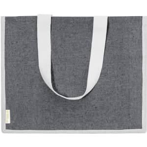 A grey tote bag with white handles, featuring a simple design and a logo on the side.