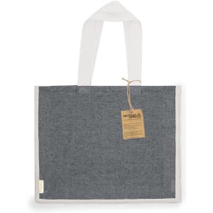 A grey tote bag with white handles and a tag, featuring a simple design and a recycled fabric texture.